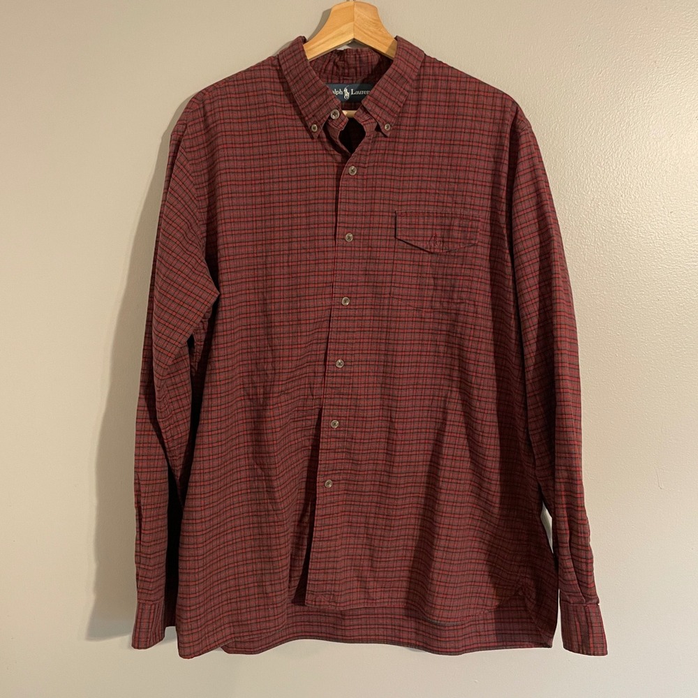 Ralph Lauren Button Down Shirt Mens XL Red Plaid Preppy Long Sleeve